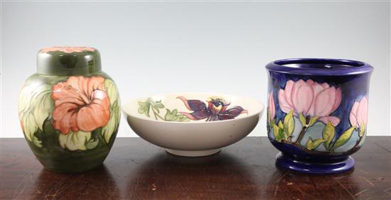 A Moorcroft jardiniere, a ginger jar and cover and bowl, post-war, jardiniere 17.5cm